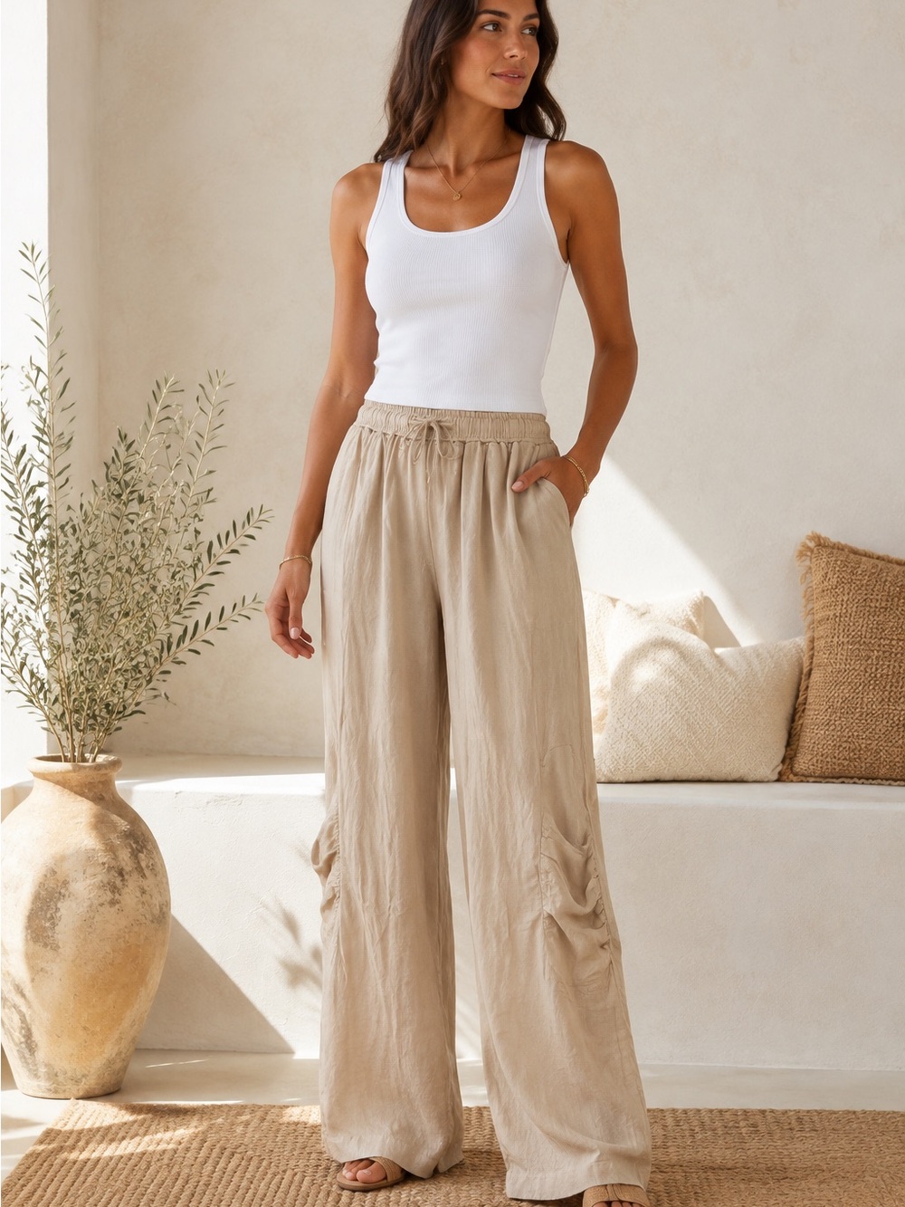 Free People Beige Wide-Leg Cargo Pants Size Medium